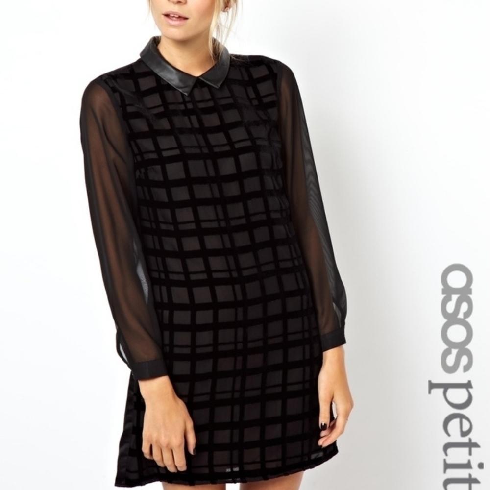 Asos Petite Swing Dress In Velvet Check With Leather Look Collar‎ Black Size 2